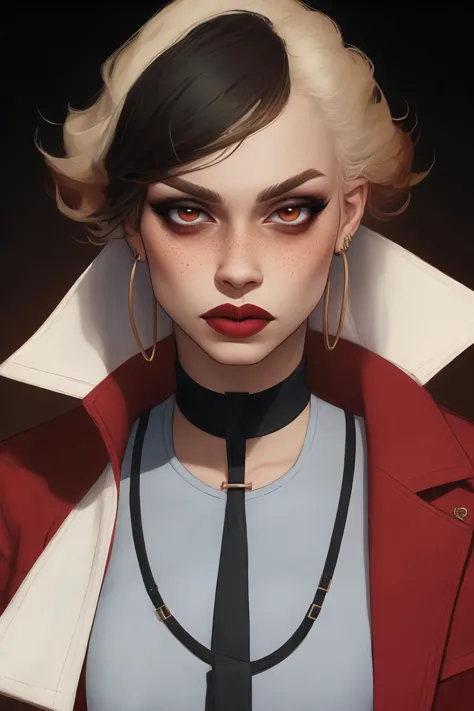 a close up of a woman with a tie and a red jacket