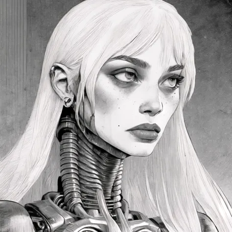 a drawing of a woman with a futuristic look and a long hair