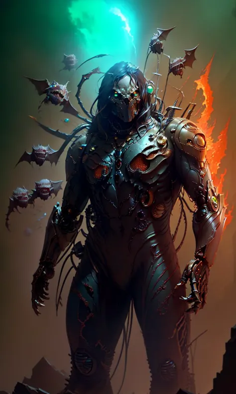theDarkness2023, surrounded by small demons, claws, bio-mechanical armor, gauntlets,  glowing eyes,best quality, masterpiece, 8k...