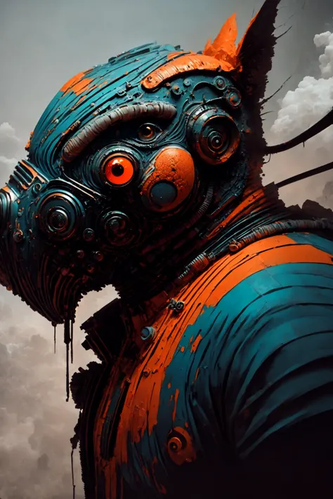 bright blue and orange, tardigrade , horror atmosphere, thick smoke, blurred, blurry,