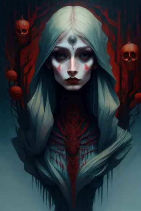 woman in a mythical forest, masterpiece, perfect face, intricate details, horror theme