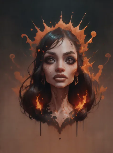 a woman with a crown on her head surrounded by flames