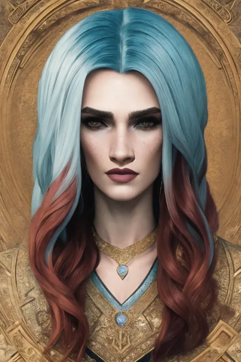 portrait, rendered,<lora:portraitfixerv2:1>, man, vampire, male focus, gothic makeup, Cyan hair, Caramel lipstic, Turmeric Lob (...