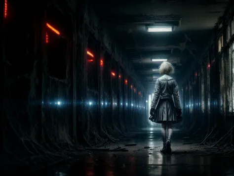 a woman in a trench coat walking down a dark hallway