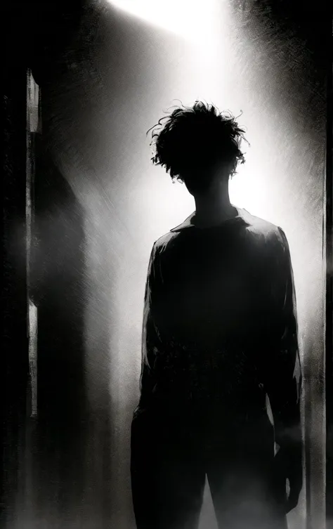 arafed silhouette of a man standing in a dark hallway