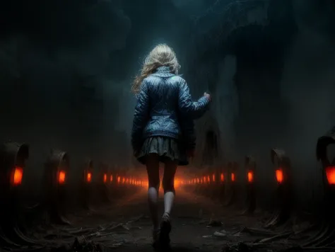 ((Professional Photograph of a lone teenage girl running away in the ruins of an abandoned amusement park)), solo, blonde haired teenage girl wearing a cheerleader outfit, scared innocent teenager, holding a retro flashlight, nsfw, gore,
[detailed background], abandoned amusement park background, lost amusement park, damaged attractions, (nightmarish, dense fog:1.3), ambient smoke, dark clouds, creepy atmosphere, 8k, best quality, masterpiece, realistic, photo-realistic, cinematic light, dramatic light, bokeh, suspense, ((total perspective)), <lora:add_detail:1.5>