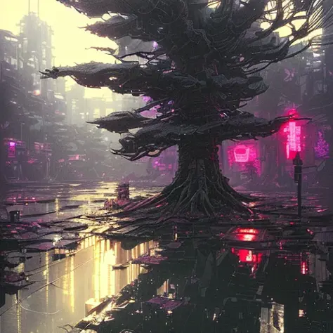 (cybernetic 4x1trees:1.3), tech,vaporwave, synthwave, cyberpunk,   (swamps:1.3), high-tech, (golden:1.2),  (Frightening:1.3) (RF...