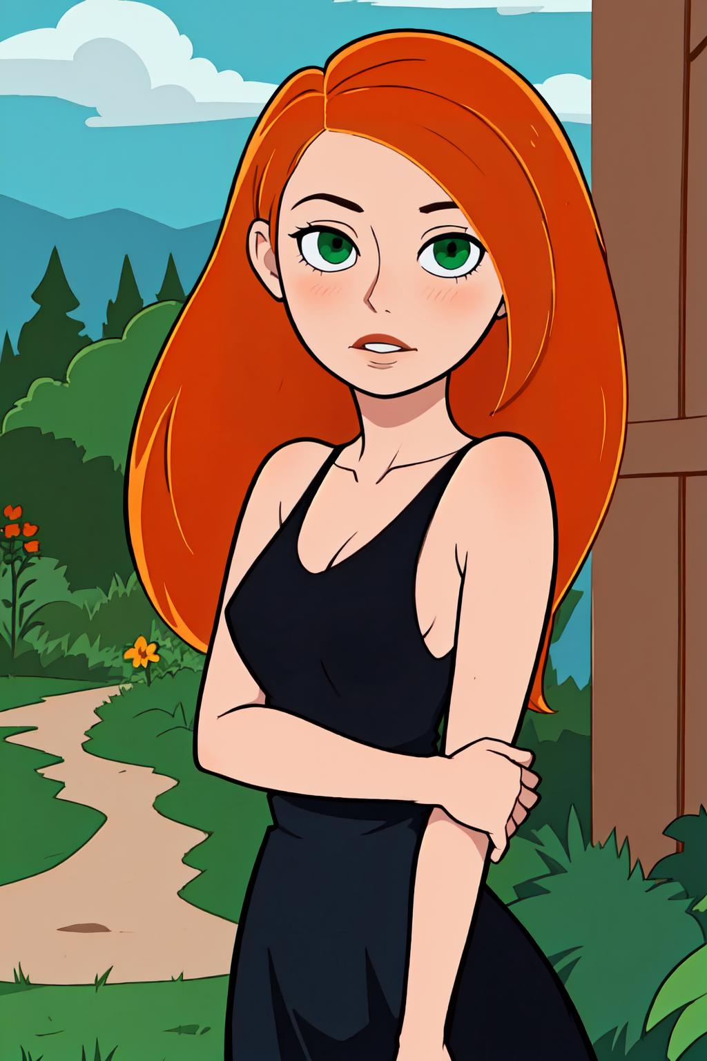 A cartoon girl with red hair and green eyes standing in front of a fence -  SeaArt AI