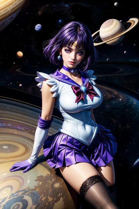 (ultra realistic,32k, masterpiece:1.2),(high detailed skin:1.1),( high quality:1.1),
sailor saturn,pensive,purple hair, tiara, sailor senshi uniform, purple sailor collar, pleated skirt, elbow gloves, jewelry, brooch, choker,thighhighs, high heels, universe, (planet saturn:1.2) in background, huge breast,large breast,(looking at viewer, lying, from above:1.1), (ambient lighting:1.1),