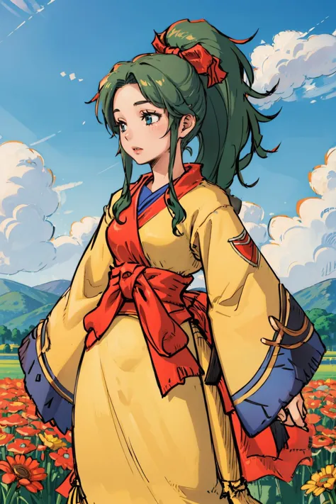 obra maestra, mejor calidad, 1 chica, solo MysticFFT, ropa coreana amarilla, mangas largas, mangas anchas, faja roja,  tina branford, Cinta para el pelo, Pelo verde, cielo azul, campo