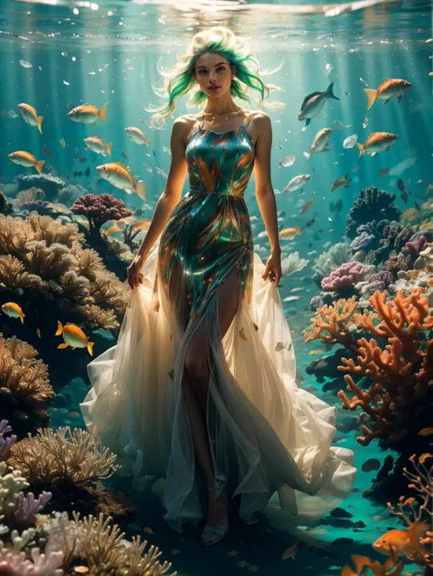 (best quality, masterpiece, colorful, dynamic angle, highest detailed),ultra high res,(photorealistic:1.4),1girl,die,male perspective,full body, mermaid, a small number of jellyfish, multicolored fish,long hair, bright green hair, perfect body proportions,(long dress:1.5),<lora:è¶è5:0.6>,fantasy city,leather jacket,all fours, underwater coral reef