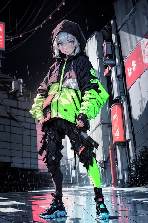 (masterpiece, best quality, detailed, pastel colors, neon, fluorescent), occult, (science fiction), pop art, (solo), dynamic angle, 1girl, baggy clothes, hoodie, (techwear jacket), (with buckle and tape), heavy rain, wet floor, reflections, looking at viewer, blue eyes, hands in pockets, <lora:Flat_Art_Style_v2:0.5> <lora:urbansamurai_v0.3:0.9>