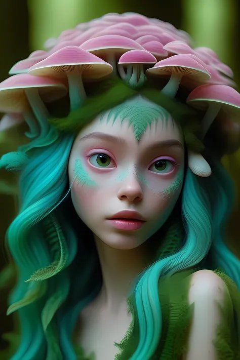 close up portrait, masterpiece, surreal bioluminescent female formed from the forest around her, small breasts, (eyes looking at viewer), head turned to viewer, long wavy green hair floating around her, perfect face, makeup, dressed in simple moss bodysuit, fantasy forest with mushrooms and ferns in background, pink and green color palette, whimsical, action, (8k uhd), RAW, highly detailed skin, pores, intricate details, body contour lighting, cinematic lighting, depth of field, film grain, realistic,  <lora:add-detail-xl:1>, <lora:DonM3t3rn1tyXL:0.8> DonM3t3rn1tyXL ,