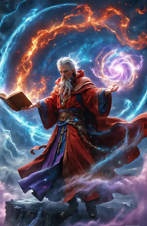 amazing quality, masterpiece, best quality, hyper detailed, ultra detailed, UHD, perfect anatomy, face to viewer, Surreal, Fantasy World,
extreme weather, storm, strong wind, swirl in the sky, dark sky, darkness, a magic world, wizard,( red cloud:1.3),
a full body shot of Doctor Strange wearing wizard robe, little angry, red robe of Doctor Strange, (holding spellbook:1.3),
casting water magic spells, gradient color, magic circle, (red hybrid purple:1.3) energy flow, energy flow surrounded, water column above one hand, Sorcerer Supreme,
floating body, jumping, flying, hovering on mountain top, snow, snowing, powerful magic, magic circle, waterspout, full of energy, spectacular magic scenes, 
hkmagic,
extremely detailed, 
DonM3t3rn1tyXL,
SK_Fantasy,