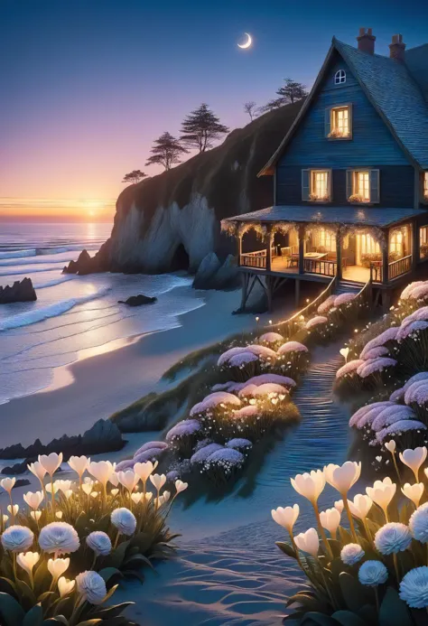 painting of a house on the beach with flowers and a path