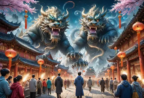 a group of people standing around a building with two large dragon heads