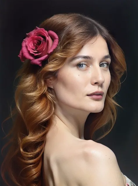 berna_koralturk, with flowers in her hair and a wreath of pink roses on her head, standing in front of a dark background, painted by artgerm and tom bagshaw, fantasy art, dramatic lighting, highly detailed oil painting<lora:berna_koralturk-000009:1.0>