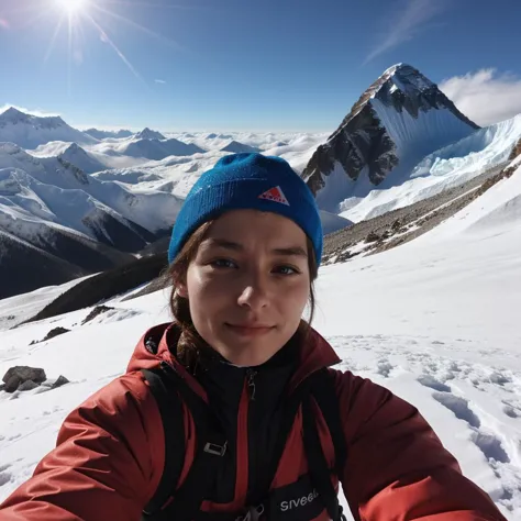 A woman 20 years old, climbing a mountain Everest. bad condition. full of snow. wearing climbing outfits. masterpiece.. High definition photo. Selfie photo.