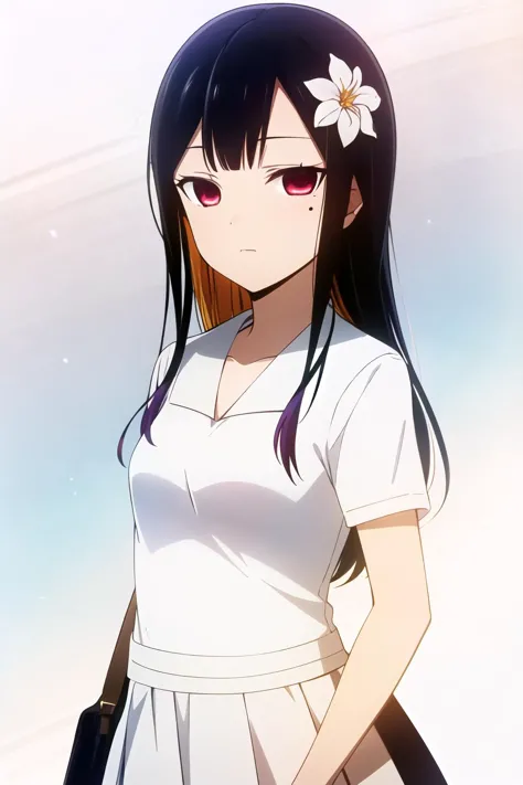 anime girl with long black hair and white dress holding a black bag