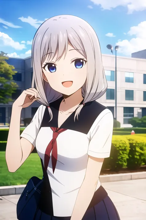 anime girl with gray hair and blue eyes in front of a building