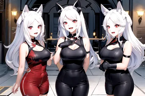 three anime characters dressed in black and red posing for a picture