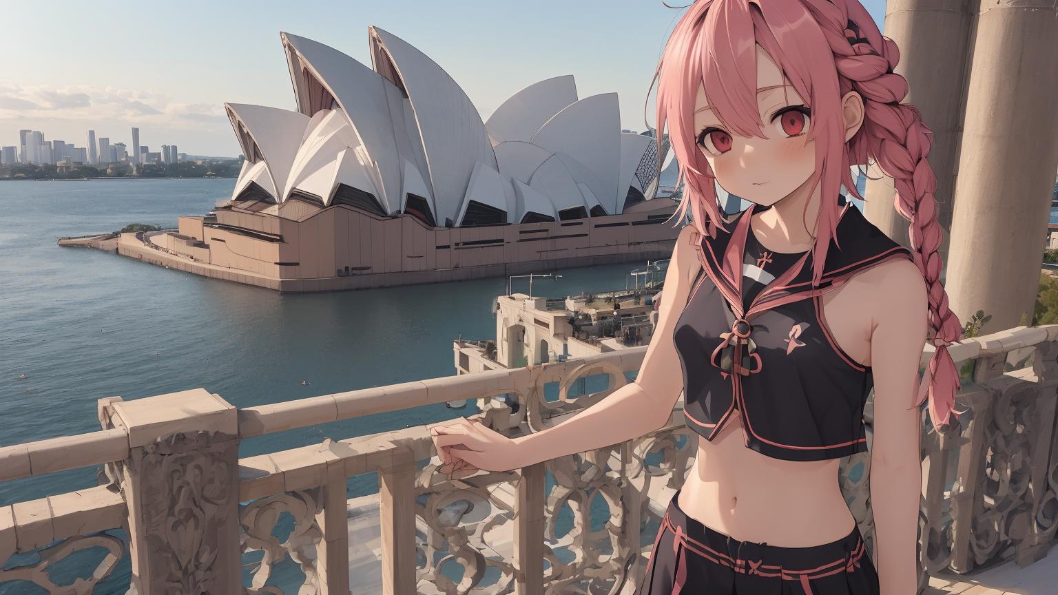 Anime girl in black outfit standing on balcony with sydney opera house in  background - SeaArt AI