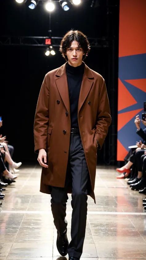 vetnau, (brown coat), 1boy , boy handsome, Haute_Couture, wearing Haute_Couture, posing for a picture, fashion show, Long shaped face, angry, crazy, dark red eyes, short hair, catwalk \(walkway\),  , colorful, vivid colors, masterpiece, best quality, absurdres, highest quality, amazing details, 8k, aesthetic  