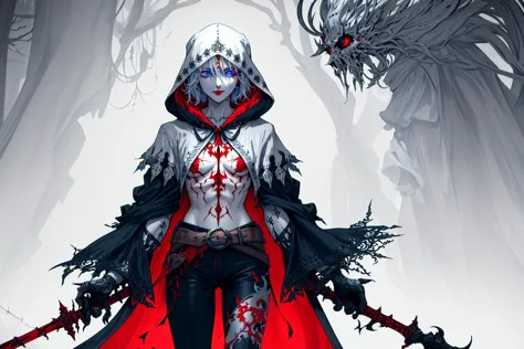 ashenhard style,ultra-detailed,highres,intricate detail,(best quality:1.2),(masterpiece:1.2),extremely detailed CG unity 8k wallpaper,illustration,original, detailed face, 1girl,white short hair, blue eyes, mature:1.2, long red-black fabric hoodie , black tight pants, red hood:1.2, red lips, red makeup, White running shoes, White background