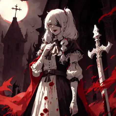 ashenhard style,ultra-detailed,highres,intricate detail,(best quality:1.2),(masterpiece:1.2),extremely detailed CG unity 8k wallpaper,illustration,original,1girl,solo,cowboy shot,vampire,bandage over one eye,white skin,twintails,blood in hair,