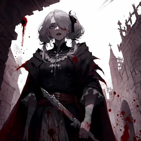 ashenhard style,ultra-detailed,highres,intricate detail,(best quality:1.2),(masterpiece:1.2),extremely detailed CG unity 8k wallpaper,illustration,original,1girl,solo,cowboy shot,vampire,bandage over one eye,white skin,twintails,blood in hair,