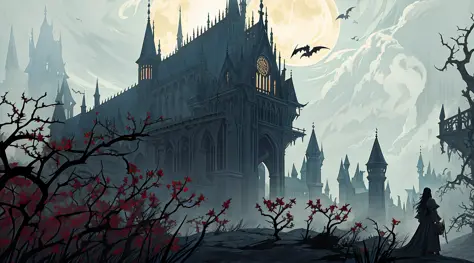 ((ashenhard style:1.2,masterpiece,ultra-detailed, intricate details, best quality,illustration)), gothic castle in the background,blurry background,solo,(1girl,black hair,long hair, hair accessory, black dress,high slit,long hemline,gothic style,close shot...