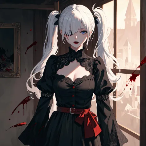 ultra-detailed,highres,intricate detail,(best quality:1.2),(masterpiece:1.2),extremely detailed CG unity 8k wallpaper,illustration,original,1girl,solo,cowboy shot,vampire,bandage over one eye,white skin,twintails,blood in hair,