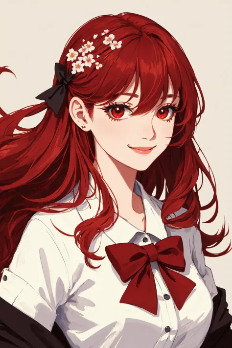 ultra-detailed,highres,intricate detail,(best quality:1.2),(masterpiece:1.2),wallpaper,illustration,original,1girl,solo,upper body,red bow,smile,eyeliner,long hair, red hair,bangs,hair between eyes,simple background