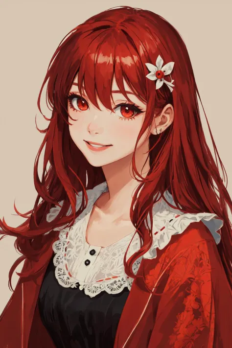 ultra-detailed,highres,intricate detail,(best quality:1.2),(masterpiece:1.2),wallpaper,illustration,original,1girl,solo,upper body,red bow,smile,eyeliner,long hair, red hair,bangs,hair between eyes,simple background