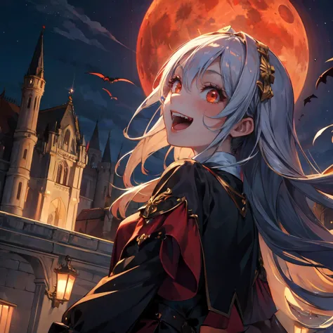 anime girl with long white hair and a red dress in front of a castle