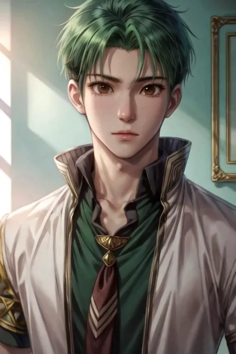 masterpiece, best quality, illustration, 1boy, solo, male focus, looking at viewer, upper body, , ligne claire, , mitsuhide_rouen, brown eyes, green hair, short hair, shirt, , ,