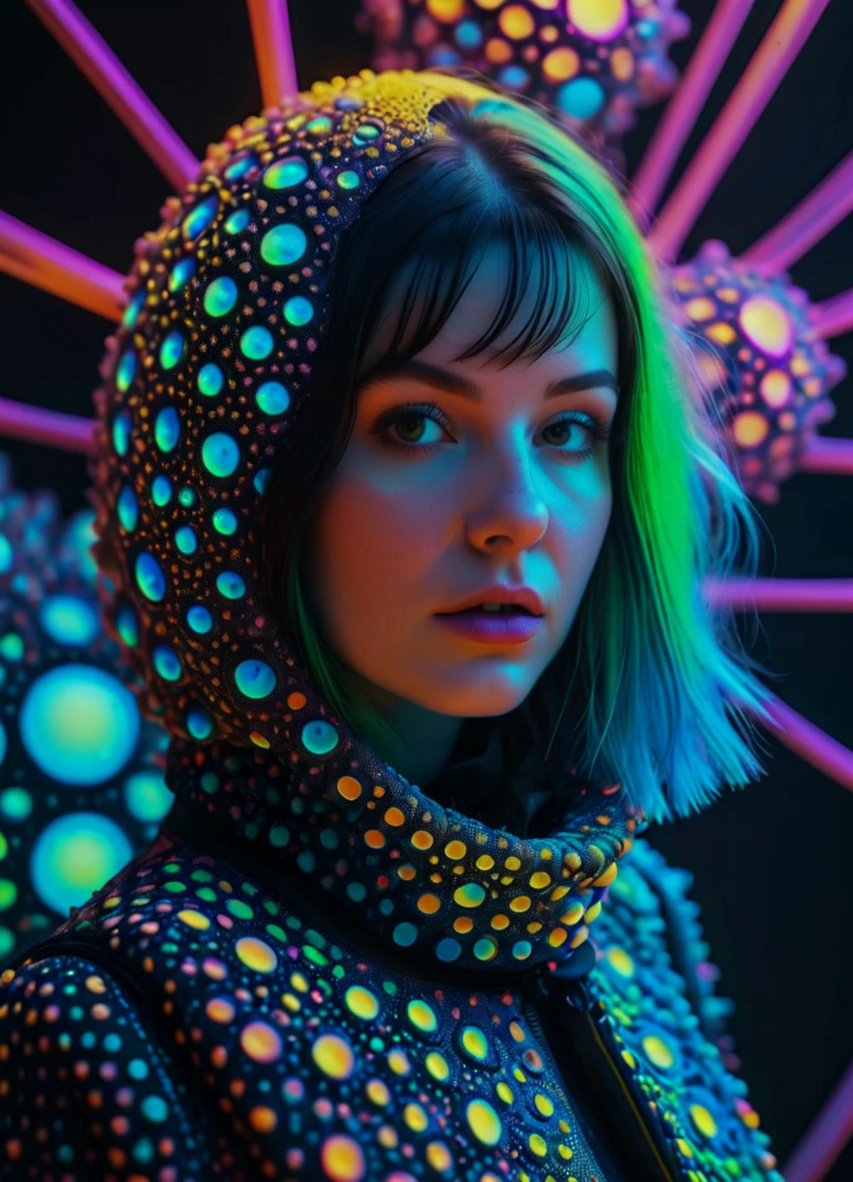 woman wearing Fashion designs inspired by radiolarians trypophobia subsurface scattering, Photorealistic, Hyperrealistic, analog style, realistic, film photography, soft lighting, heavy shadow, Ombre color scheme of neon orange, neon pink, neon blue, neon yellow, neon green,