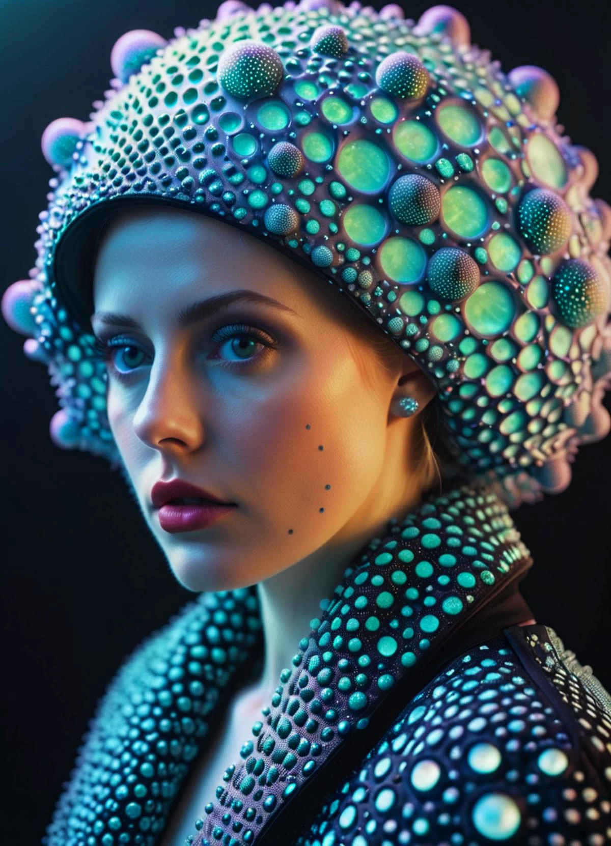 woman wearing Fashion designs inspired by radiolarians trypophobia subsurface scattering, Photorealistic, Hyperrealistic, analog style, realistic, film photography, soft lighting, heavy shadow