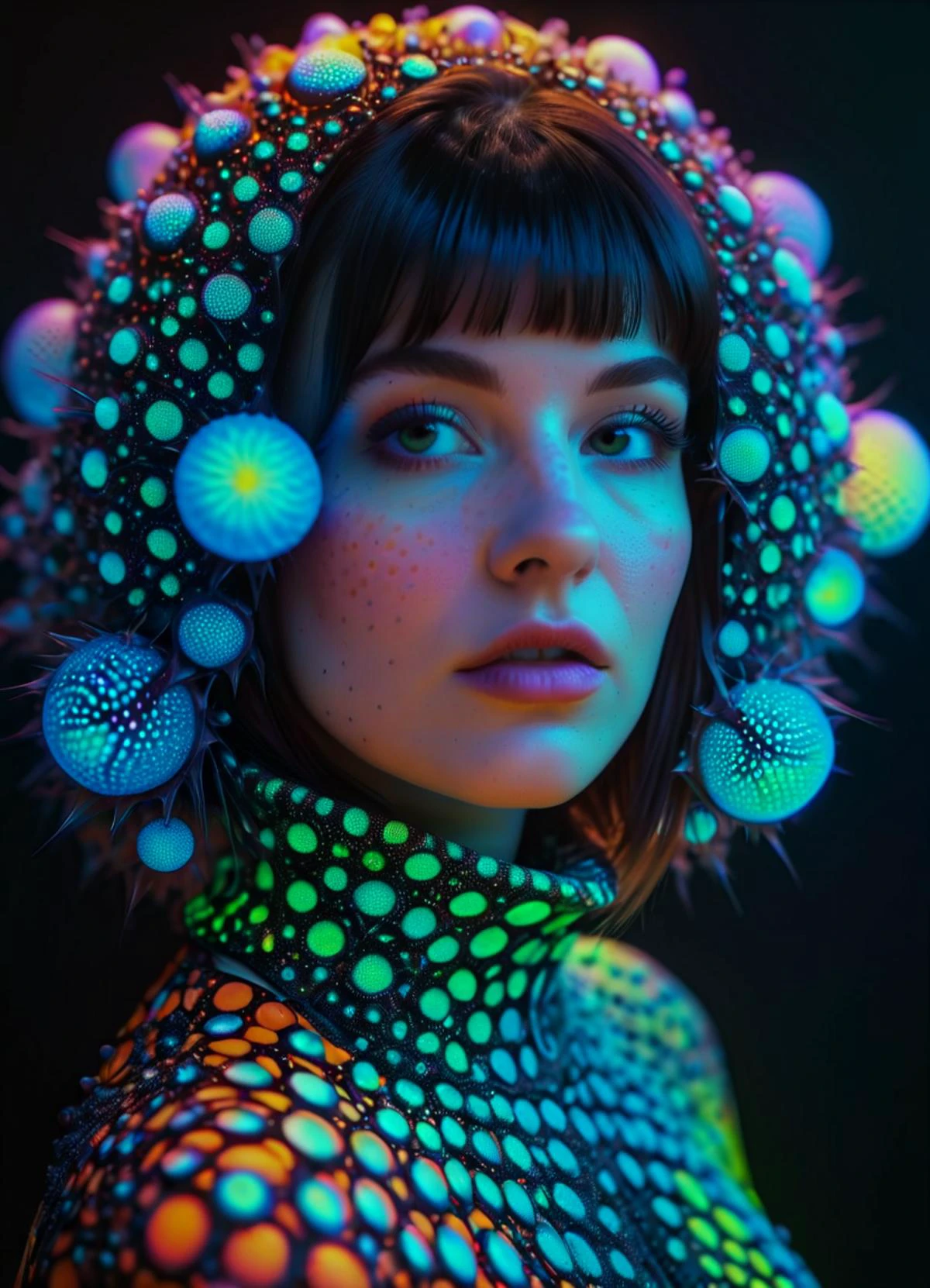 woman wearing Fashion designs inspired by radiolarians trypophobia subsurface scattering, Photorealistic, Hyperrealistic, analog style, realistic, film photography, soft lighting, heavy shadow, Ombre color scheme of neon orange, neon pink, neon blue, neon yellow, neon green,