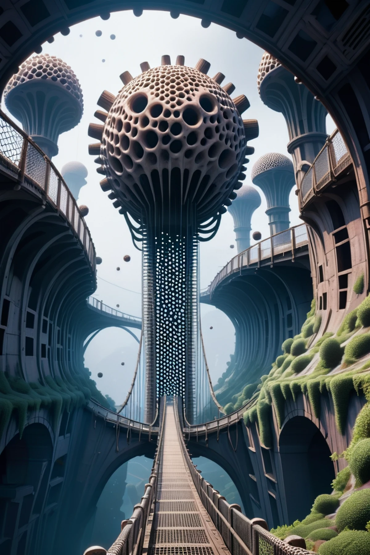 tripofobia, ponte suspensa em um abandonado,metrópole fantasmagórica de ficção científica à beira de um penhasco fora do universo, Obra de arte