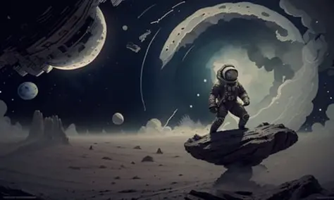 low wide angle view of, astronaut obscured by smoke, intricate space suit, detailed moon landscape, mysterious monoliths in back...