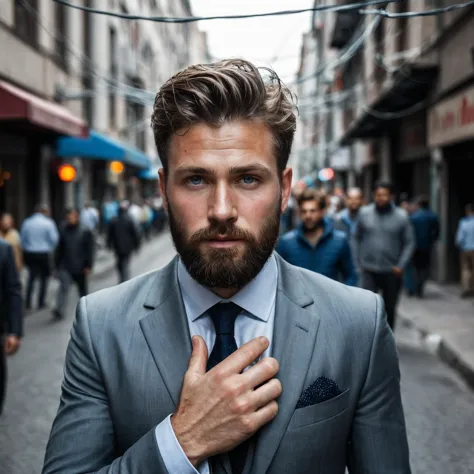 RAW photo, full body portrait of a beautiful man with a beard in a grey suite, he stands in a crowded street with tangled power ...