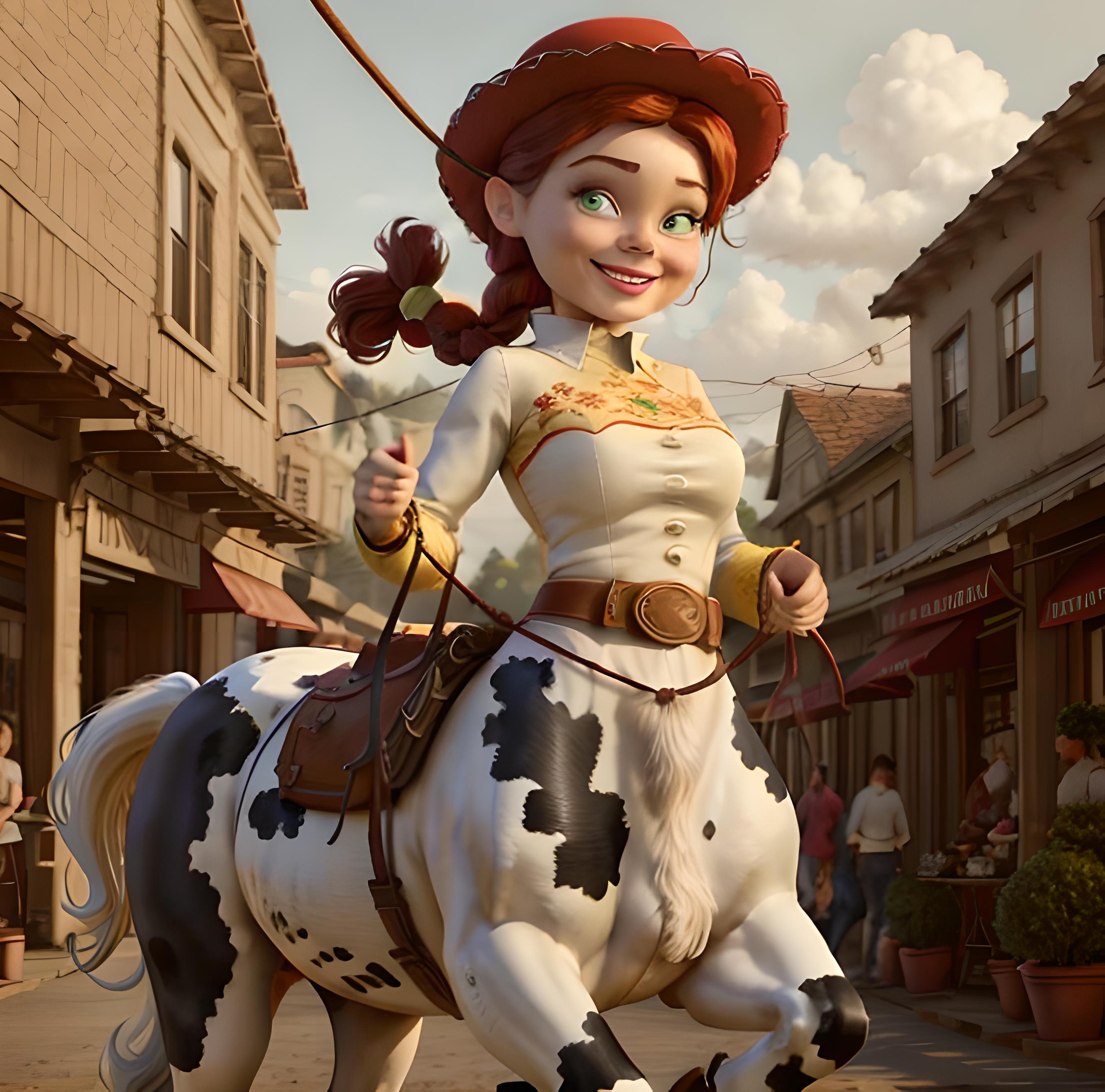 Araffe dressed as a cowgirl riding a horse in a town - SeaArt AI