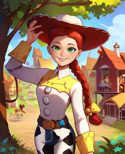 zPDXL, woman, 
 JessieXLP, cowboy hat, green eyes, red hair, braid, bow, long sleeves, belt, cow print pants, looking at viewer, smiling, standing, hat tip, outside, town, dust, wild west, sunny, 
 <lora:JessieXLP_character:.8>  <lora:Smooth Anime Night Style SDXL_LoRA_Pony Diffusion V6 XL:1>