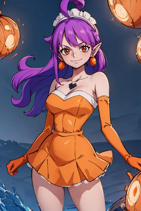 <lora:Oda_Eiichirou_Animation_Style_Dim32:0.8>, ((masterpiece,best quality)), absurdres, <lora:Stardust_Pumpkins_Citron_OC_Anime:0.8>, Stardust_Pumpkins_Citron_OC,  1girl, solo, long purple hair,  orange eyes, ahoge, pointy ears, orange dress, elbow gloves, bare shoulders, maid headdress, jewelry, earrings,  solo, smiling, looking at viewer, cowboy shot,  cinematic composition,  , contrapposto,