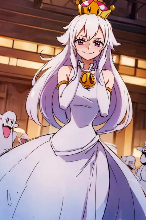 ((obra de arte,melhor qualidade)), absurdos, Boosette_Mário, 1 garota, cabelo longo, cabelo branco, vestido branco longo, vestido de baile, luvas brancas,  Sozinho, sorridente, rubor, Olhando para o visualizador, tiro de vaqueiro,  composição cinematográfica,