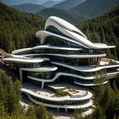 cinematic photo Illustrate an expressionist theater conceived by Zaha Hadid, perched on a mountain and constructed with corduroy...