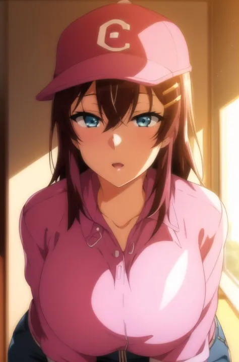 a close up of a person wearing a hat and a pink shirt