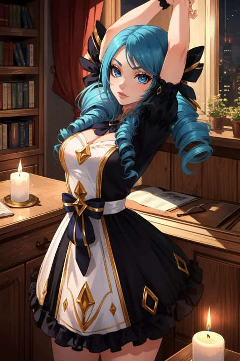 (masterpiece, best quality),  intricate details,
1girl,     <lora:gwen-08:0.8> twin drills, drill hair, twintails, bow, hair bow, black bow, dress, short sleeves, grey dress, puffy sleeves, black dress,  gwen,
indoors, night time, candle light, stretching,