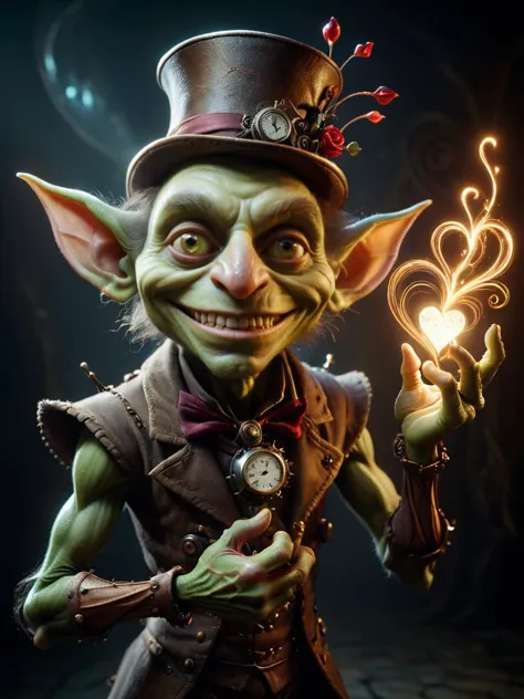 mad-love, award winning photograph of a goblin with trickster's grin made of glow lines in wonderland, magical, whimsical, fanta...